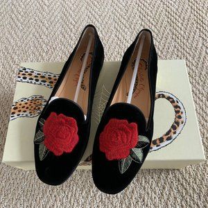Charlotte Olympia Black Velvet Rose Embroidered Loafers